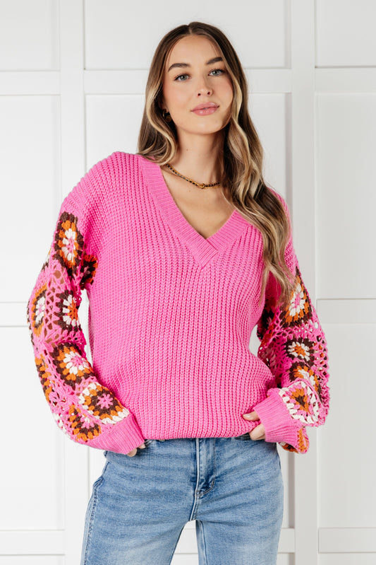 Can't Stop this Feeling V-Neck Crochet Sleeve Knit Sweater