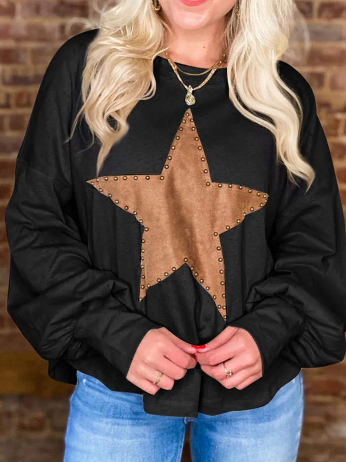 Star Round Neck Long Sleeve Blouse