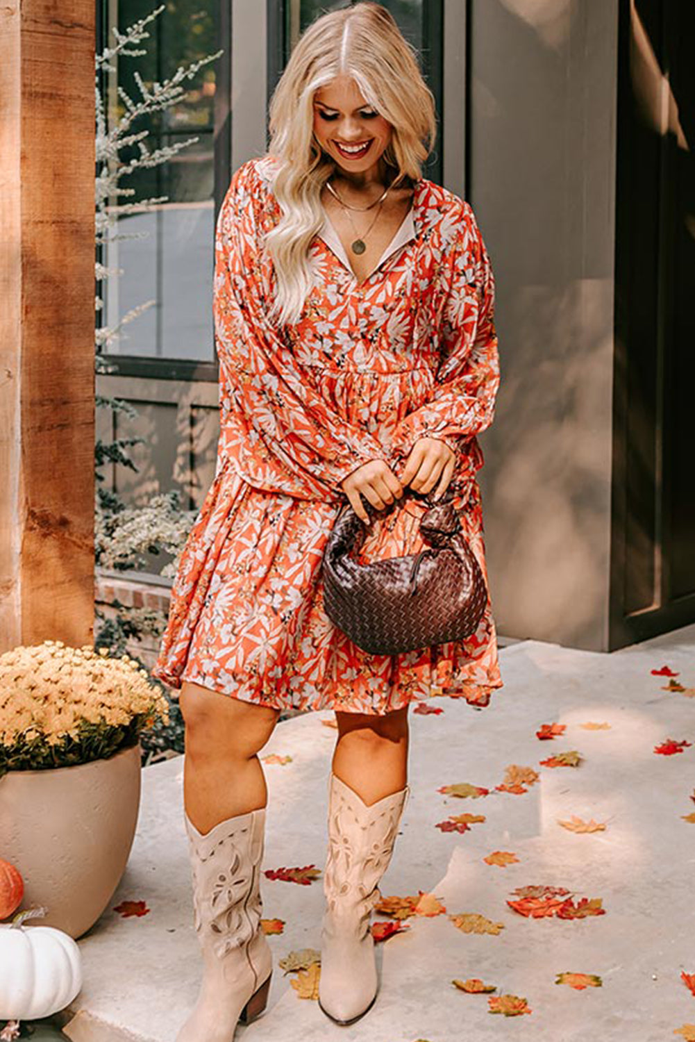 Orange Floral Print Split V Neck Bubble Sleeve Plus Size Midi Dress